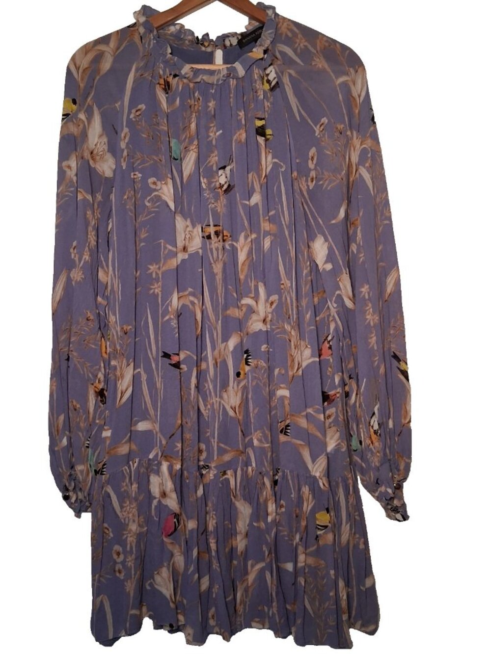 Banana Republic Dress M Lavender Purple Bird Ruffled Coquette Birds Boho